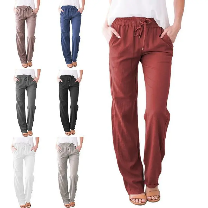 Women Linen Wide Leg Pants Drawstring With Pendant Decor Elastic Waist Loose Casual Long Trousers With Pockets