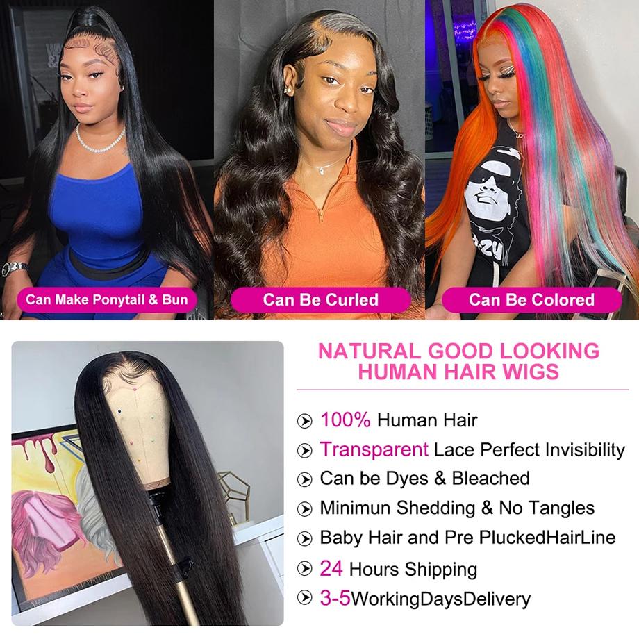 Bling Hair Straight 13x6 Hd Lace Front Wigs Human Hair 180 Density 13x4 Transparent Lace Frontal Wigs with Baby Hair Natural Hairline Long Straight for Black Women Natural Color FallFreshness