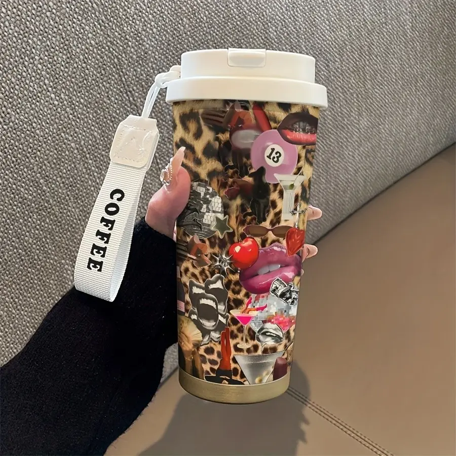 Sexy Leopard Print Coffee Cup, 530ML Insulated Travel Mug with Straw and Lid, Leak-Proof, Portable, Ideal for Home Office Gym Outdoor