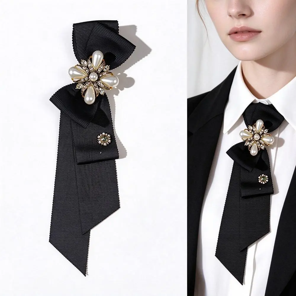 Elegant Women's Pre-Tied Neck Bow, British Retro College Style Collar Tie, Pearl Rhinestone Decorative Accessory for Shirts & Formal Attire