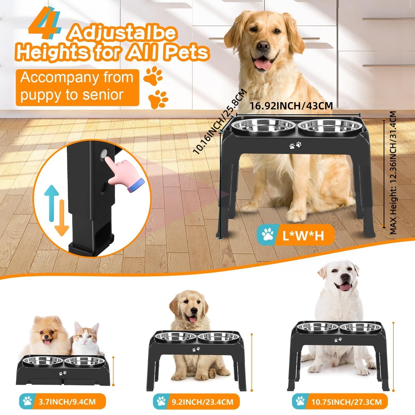 Elevated Dog Bowls, 4 Height Adjustable Raised Dog Bowl Stand with 2 Thick 50oz Stainless Steel Dog Food Bowls Non-Slip Dog Feeder for Large Medium Dogs Adjusts to 3.7", 9.2", 10.75", 12.36" Black, Grey, Light Brownish Gray