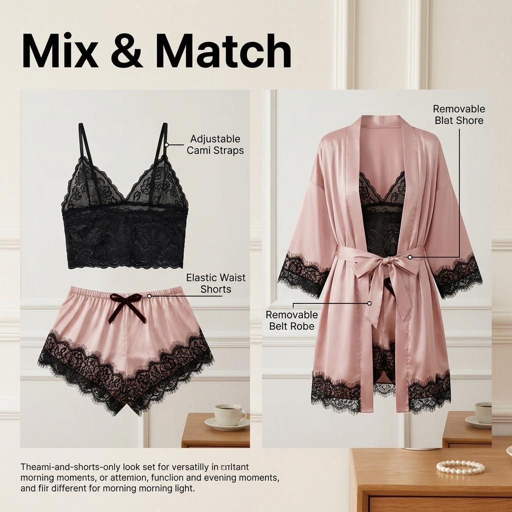 4 PCS Women Satin Pajama Set, Soft Silky Floral Lace Long Robe Nightgown, Feminine Indoor Loungewear Home Relaxation Sleepwear