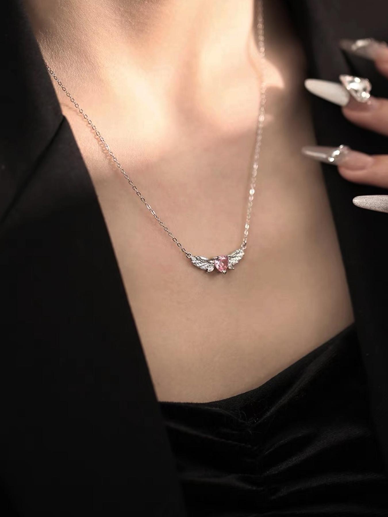 925 Sterling Silver Cute Heart & Wing Rhinestone Pendant Necklace, Adjustable Necklace for Women, Fashion Jewelry for Party, Daily Decor, Exquisite Jewelry for Gift
