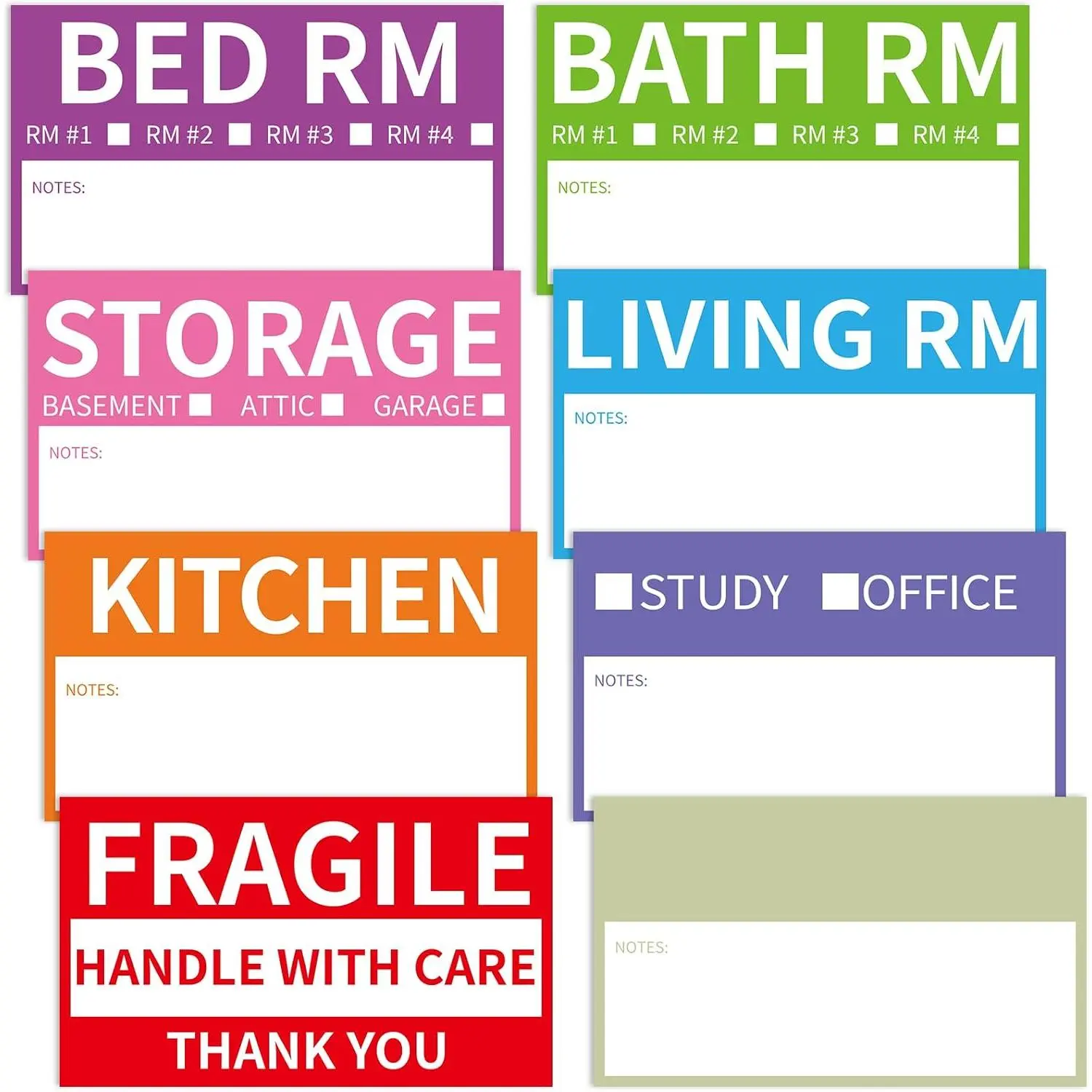 Packing Box Labels (170 Count, 3.4x2 in) - 8-Color Coded Office Stationery with Fragile, Blank Labels, Bright Colors, Room Coding, Writable Bottom Customizable Stickers for Moving