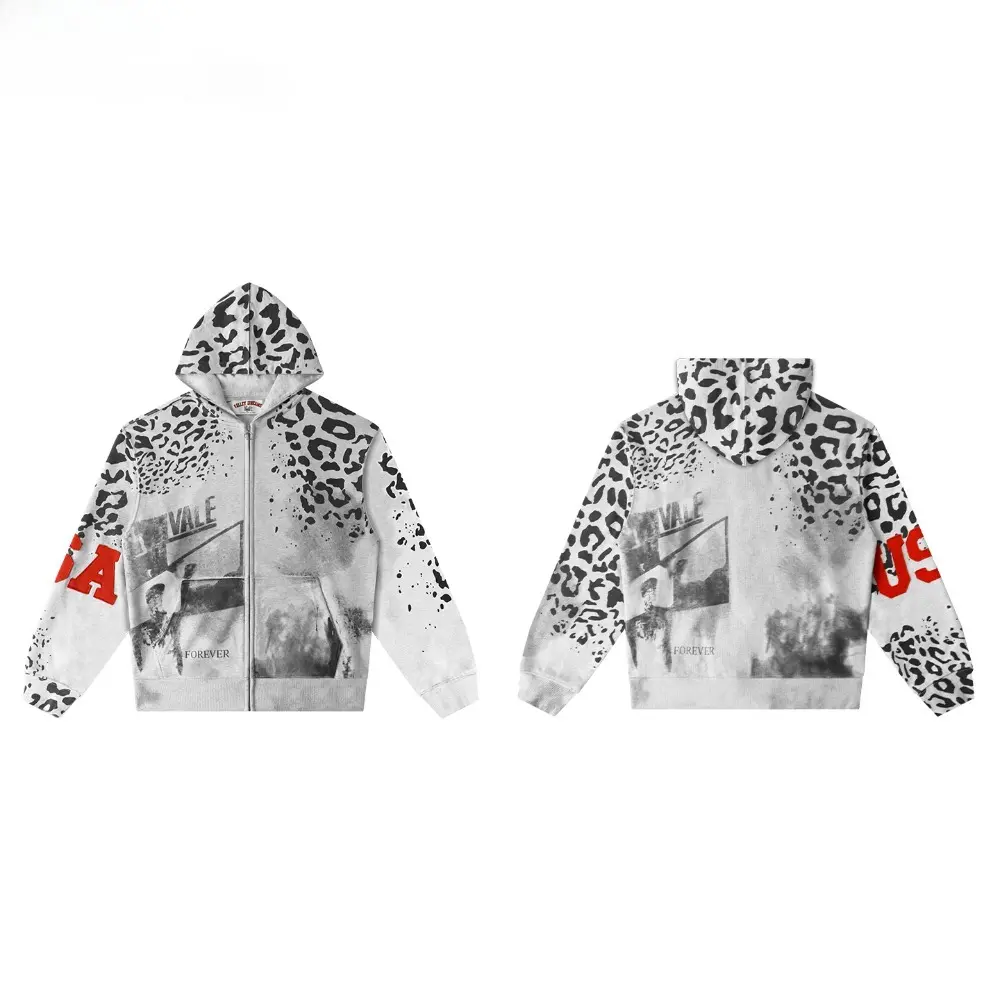 VALE Unisex Leopard Splatter-Wash Zip-Up Hoodie, Vintage Streetwear Graphic Sports Outerwear