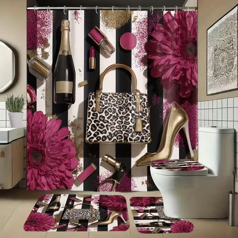 1/4pc Fashionable, Luxurious, and Beauty Pattern Shower Curtain Set, including a shower curtain, toilet seat cover, and U-shaped mat. Perfect for bathroom décor and beautifying the space. Comes with 12 shower curtain hooks Bathroom Decoration Accessories
