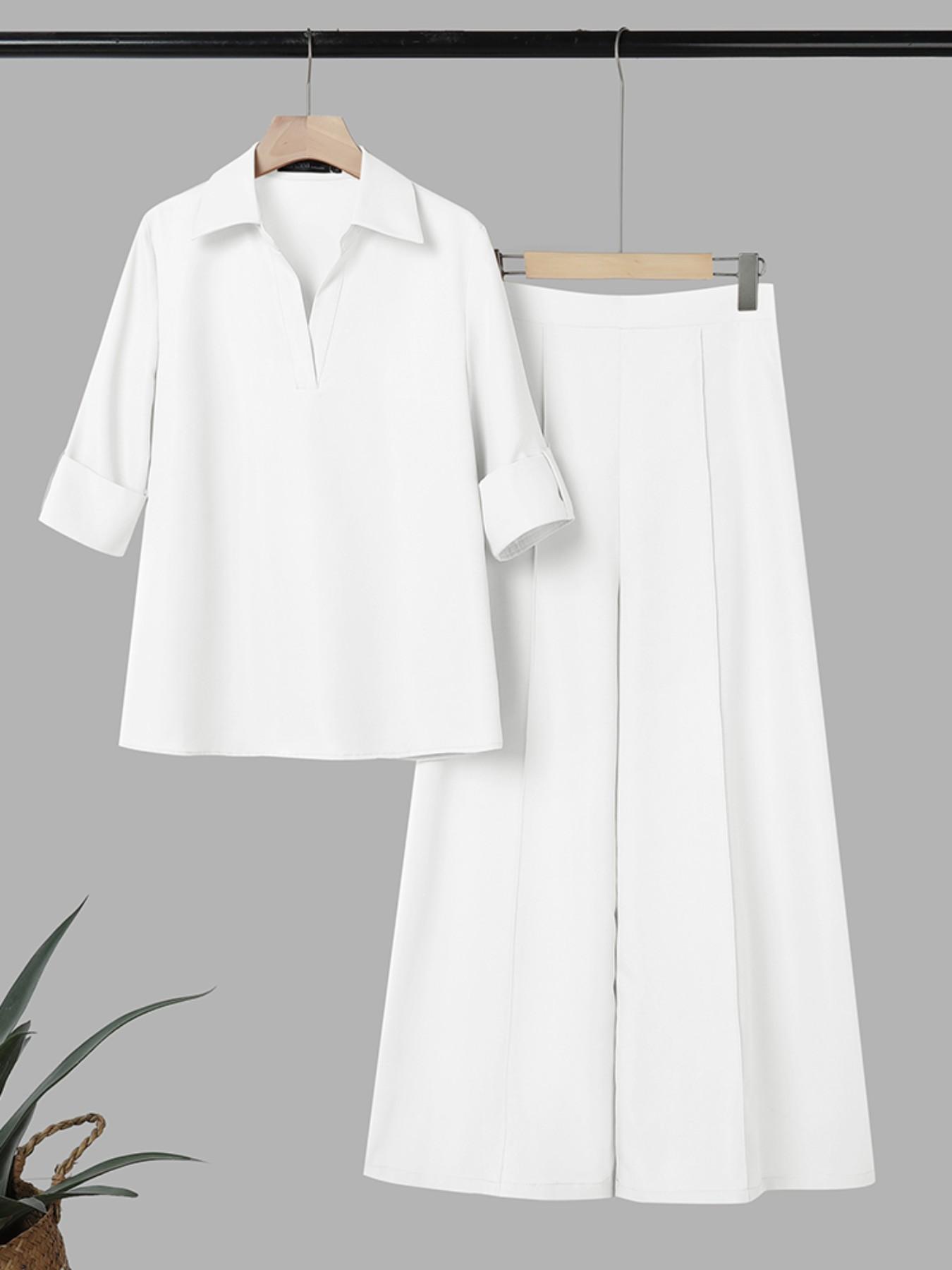 Women's Casual Solid Color Set, Long Sleeve Shirt Collar Half Button Blouse, Bell Bottom Pants Design, Daily Commute