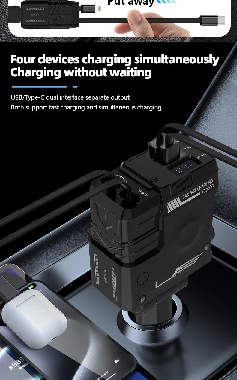 Joytutus 120W Retractable Car Charger 4-in-1 Fast Charging for iPhone Samsung iPad with 2 USB C Cables Type-C Output 5V/3A USB-A 5V/2.4A 12V-24V Devices