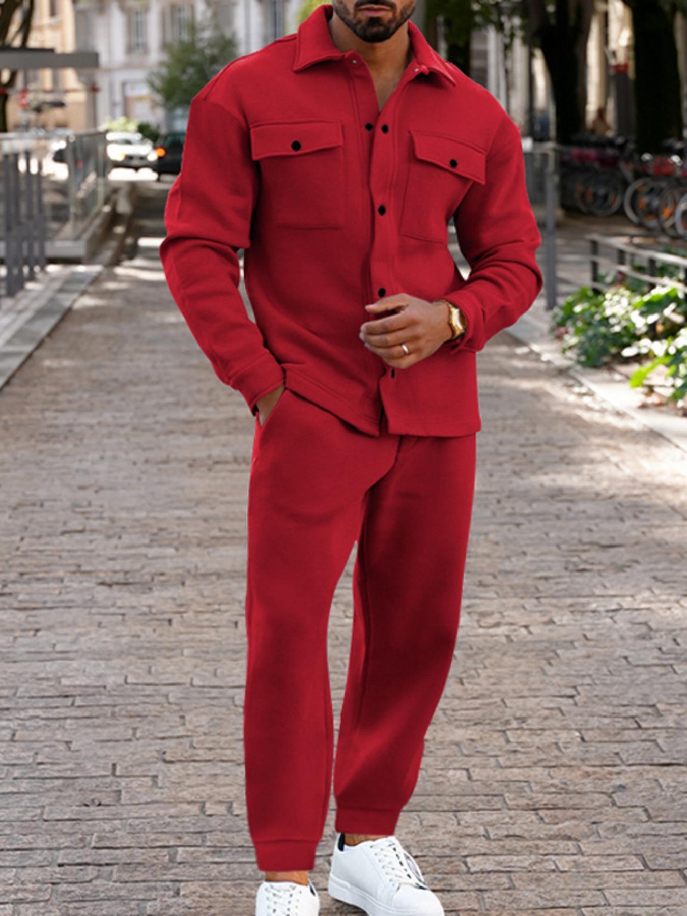 Two-piece men's solid color casual suit, with a button-down collar shirt, single-row button chest pocket, ankle-length pants for warmth drawstring waist, street leisure and workwear elements, suitable for daily outings, casual gatherings, etc. men's suit.