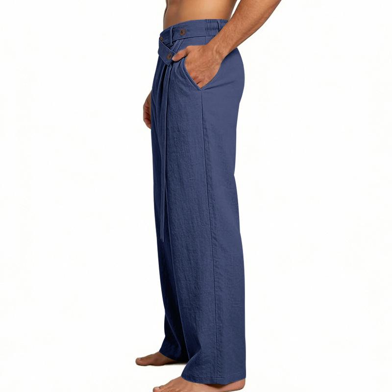 Men's 2026 Spring Summer Plain Linen-Cotton Fabric Wide Leg Trouser, Irregular Cross Buckle Waist, Loose Fit for Big-Tall Menswear, Ideal for Beach Vacation & Daily Commute (Polyester-Blended Option Available)
