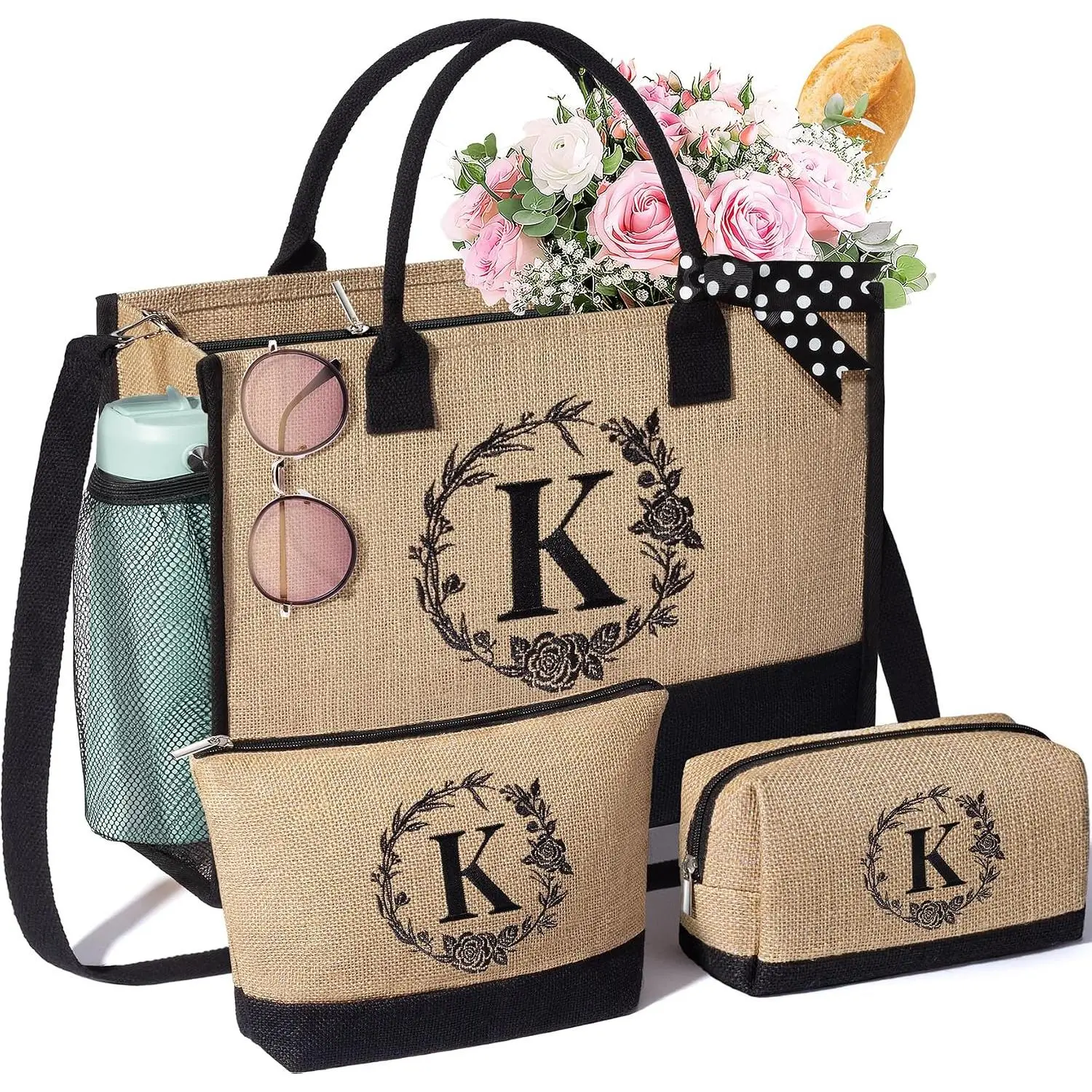 Personalized Birthday Gifts for Women, Monogrammed Initial Jute Tote Bags