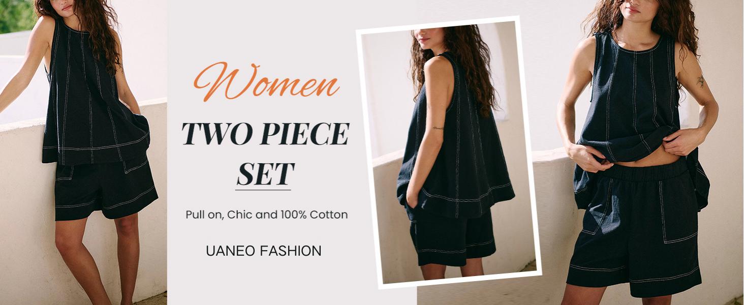 UANEO Womens 2 Piece Outfits Sleeveless Matching Sets A Line Tank Tops Contrast Stitching High Waist Shorts with Pockets #TikTokShopBacktoSchool