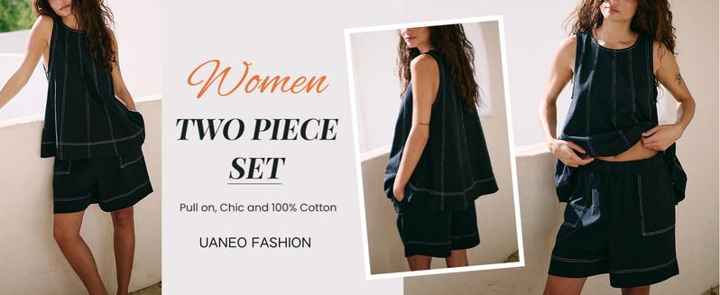 UANEO Womens 2 Piece Outfits Sleeveless Matching Sets A Line Tank Tops Contrast Stitching High Waist Shorts with Pockets #TikTokShopBacktoSchool