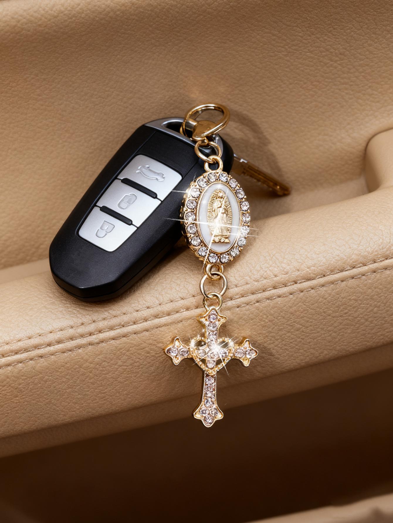Christian Amulet Keychain With Love And Rhinestone Cross, Pendant Decorated With The Virgin Mary, Pearl And Diamond Amulet - Gothic Cross Keychain, Keychain For Bags, Bag Amulet, Cross Pendant, Decorative Wallet Backpack Accessories