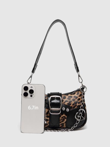 Women's PU Leather Shoulder Bag, Vintage Leopard Print Colorblock Crescent Clutch, Y2K Style Chain Decorated, Leopard Pocket