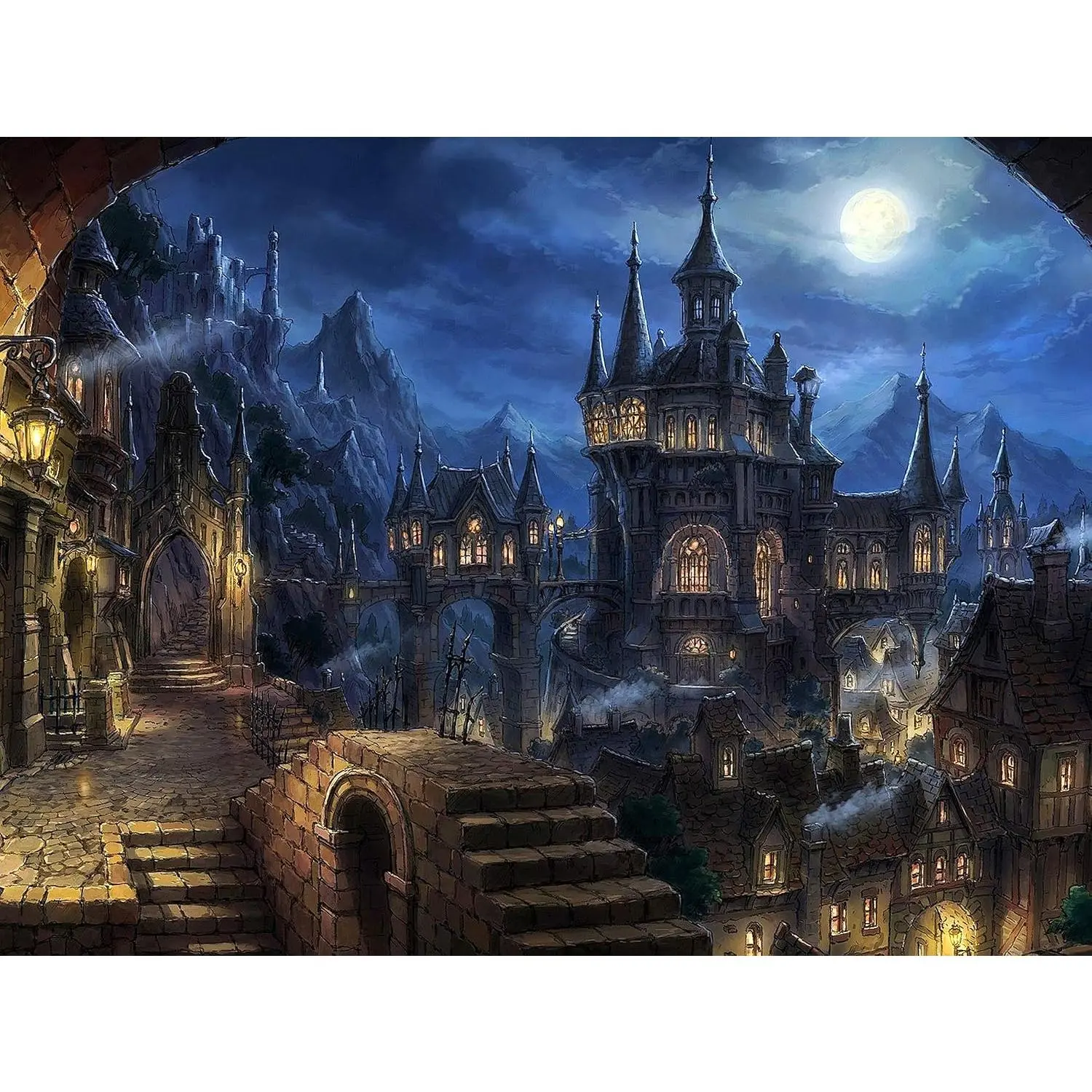 Vintage Castle Tapestry, Blue Yellow  Night Street Old House and Gothic Village Wall Tapestry for Bedroom, Aesthetic Wall Art Decor for Living Room Dorm Home