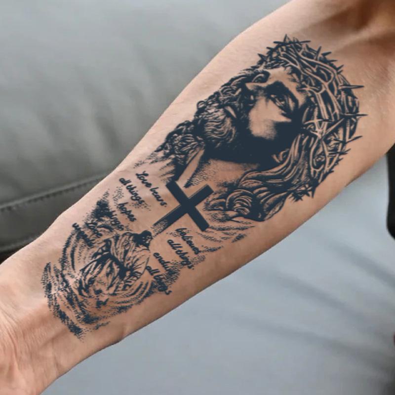 Jesus Cross Waterproof Temporary Tattoo, Lasts 1-2 Weeks, Herbal Ink, Realistic Non-Reflective Designs for Arms & Legs, Sticker Tattoos