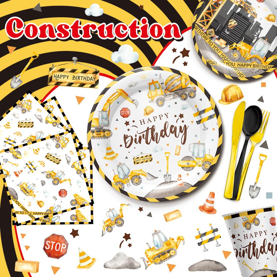 168pcs Construction Truck Birthday Party Supplies，Gathering Tractor Dump Truck Tableware Set With Paper Plates ,Cups And Napkins，Knives, Forks, Spoons For 24 Guest