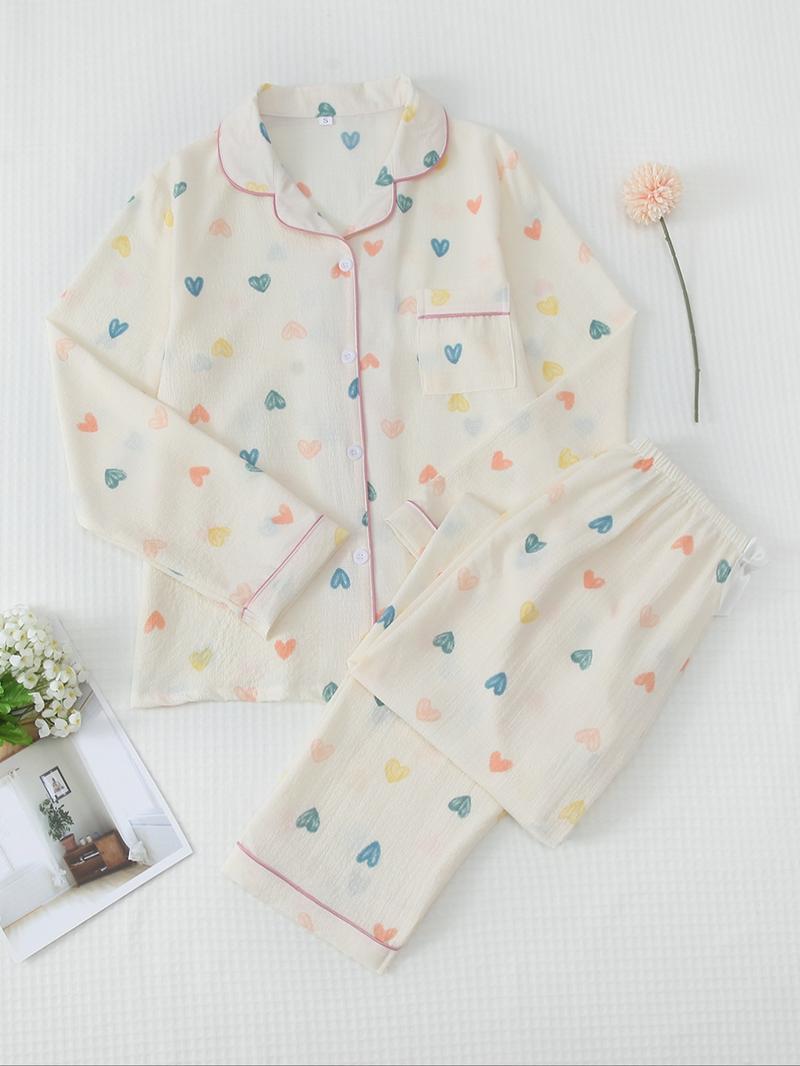 Women's Button Front Blouse & Bow Front Contrast Binding Pants Pyjama Set, Casual Long Sleeve Lapel Top & Trousers, Summer Outfits 2024, Sleepwear for Spring & Fall, National Day Offers