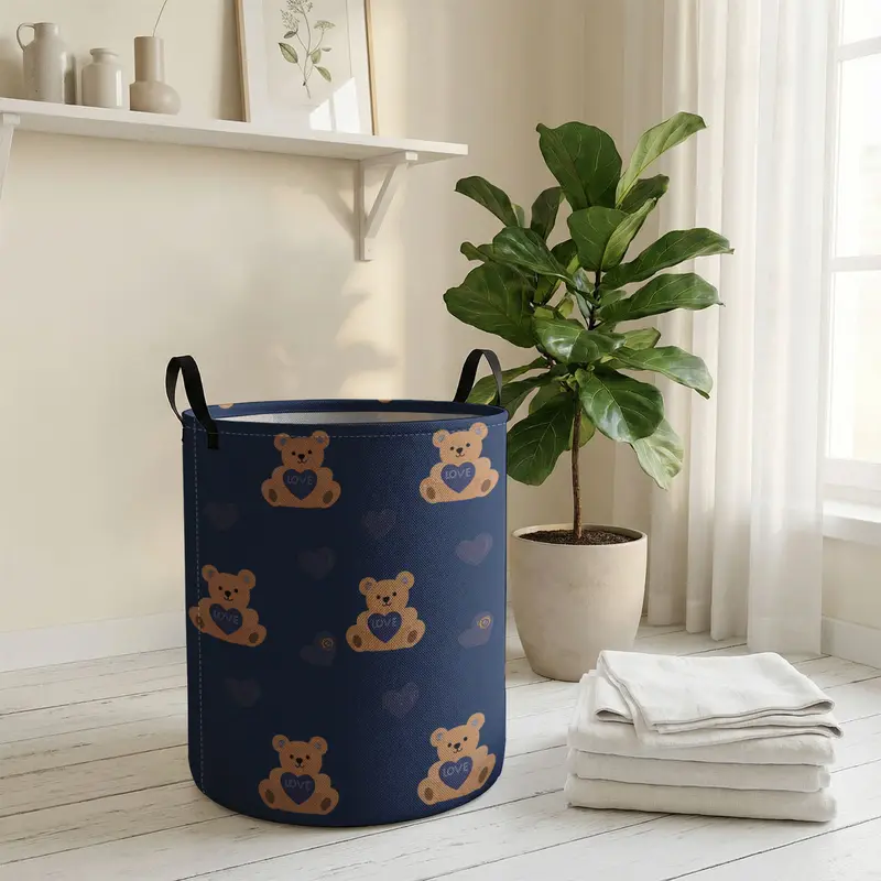 Valentine's Day Toy Bear Print with Handle, Durable Halloween Foldable Dirty Clothes Storage Bin, Large Capacity, Collapsible Laundry Hamper