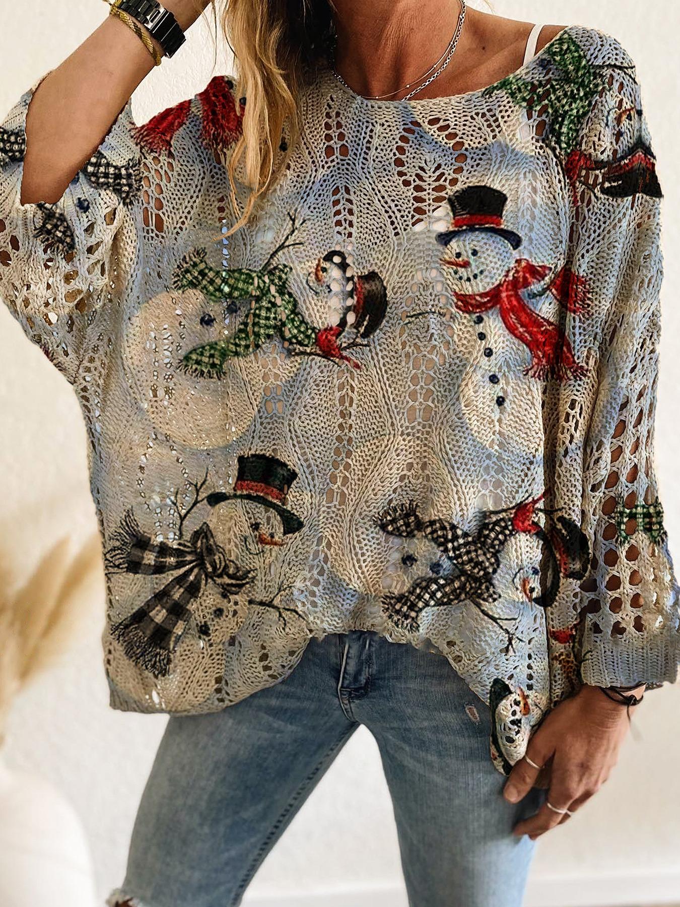 Women's Halloween Pumpkin Print Long Sleeve Knit Top, Casual Elegant Flowy Vacation Style, Loose Fit Batwing Shoulder, Spring Summer Fall Wear