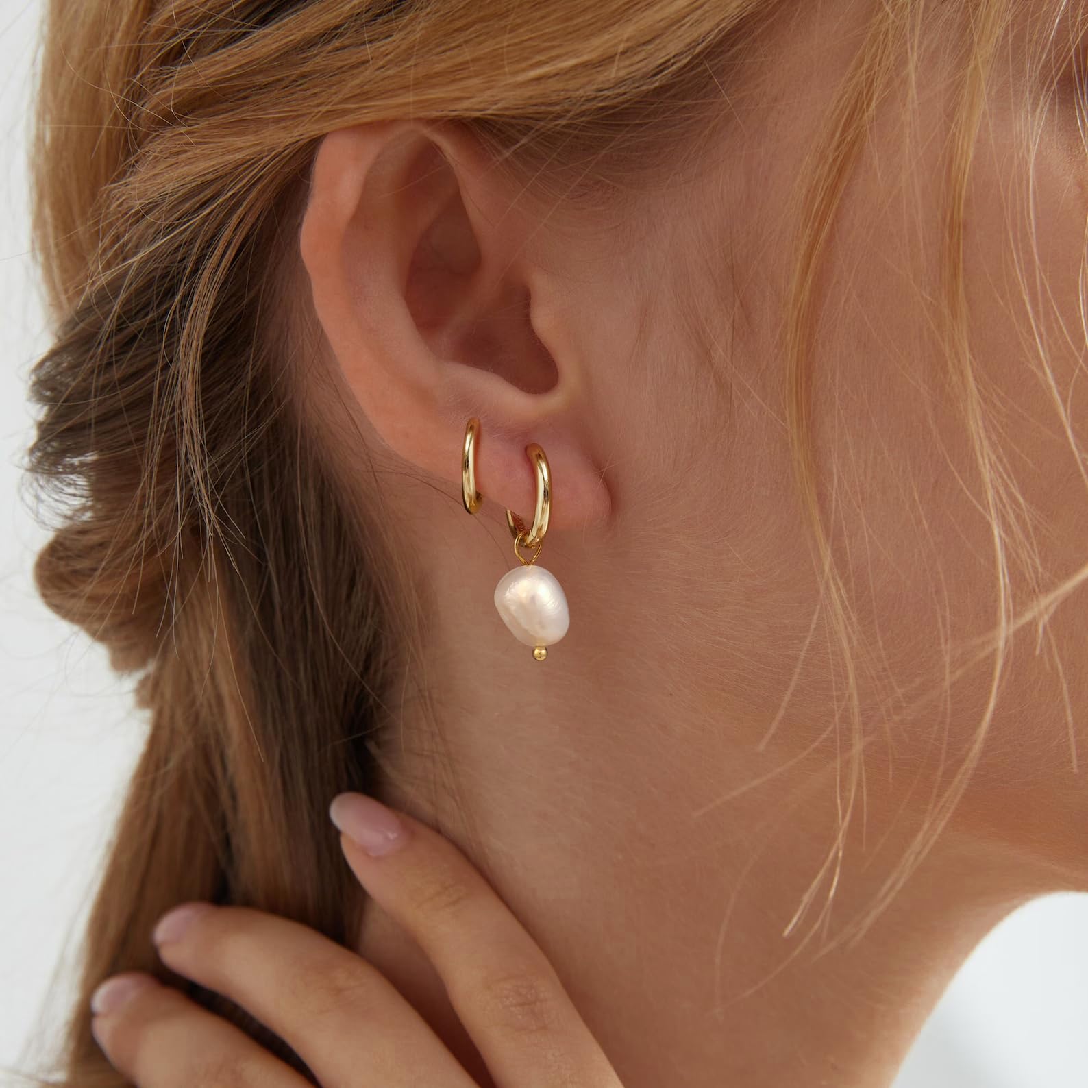 Dearmay Dainty Pearl Drop Hoop Earrings for Women Greenish Spring Hypoallergenic  Small Dangle Chain Hoops Trendy Earring Sets for Multiple Piercing Jewelry Gift