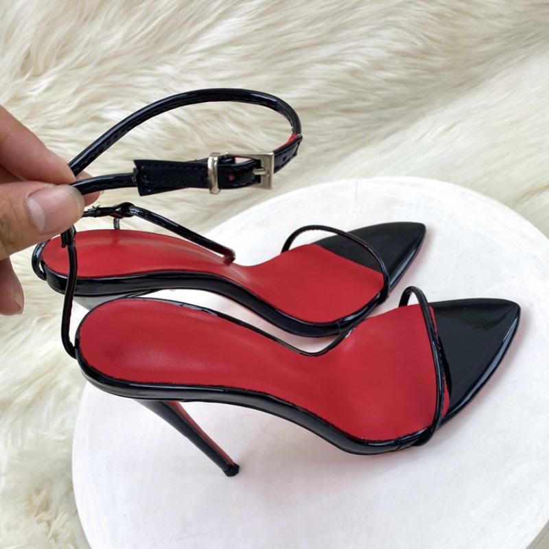 2026 New Minimalist Line Curved Straight Strap 10cm Ultra High Heel Sandals Sexy Wristband Large Size Thin Heel 10cm Red Bottom Women Girl