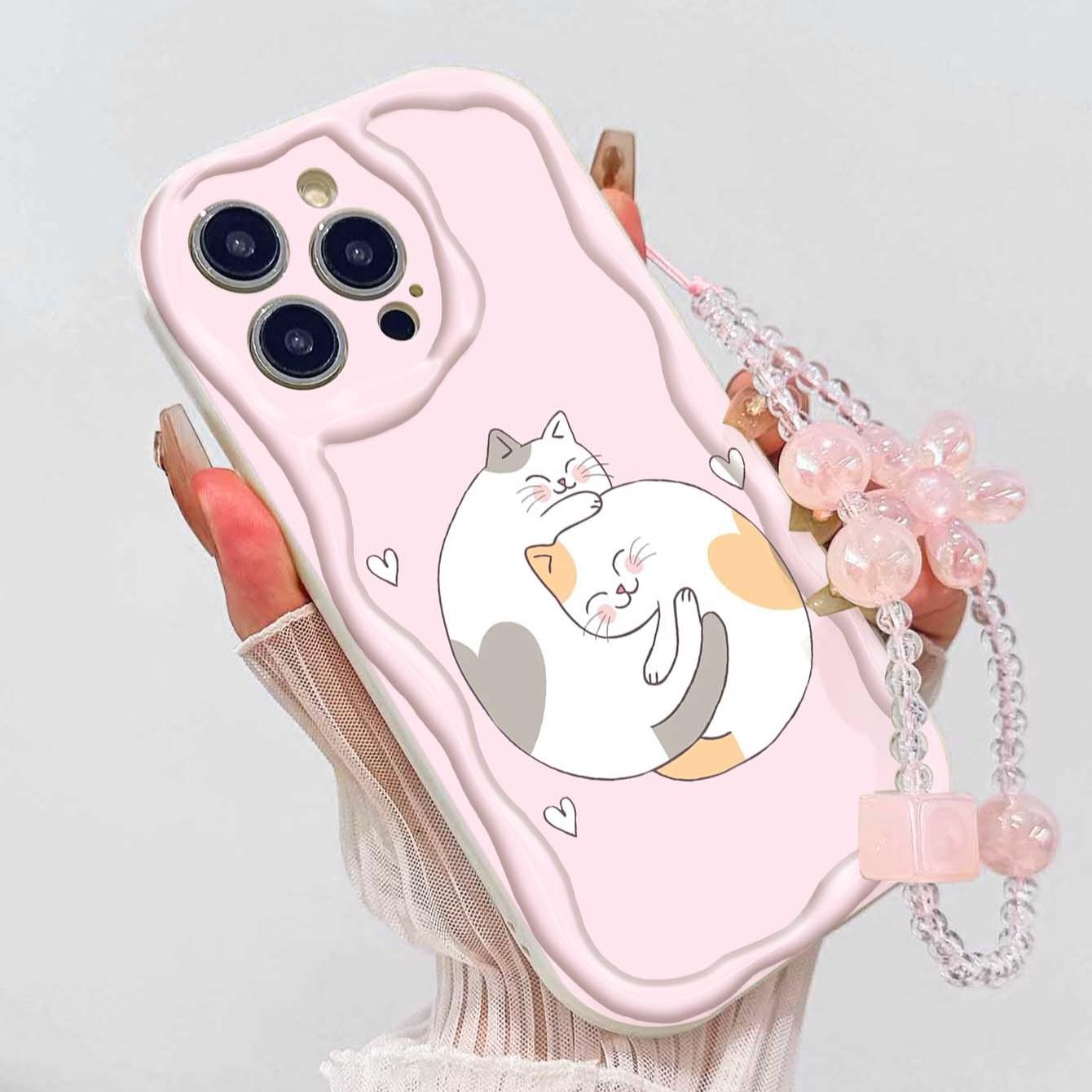 Cute Cat Design Tpu Phone Case with Lanyard, Shockproof Wave Edge, Compatible with Apple Models 11-17 Pro Max, Perfect Gift for Girls