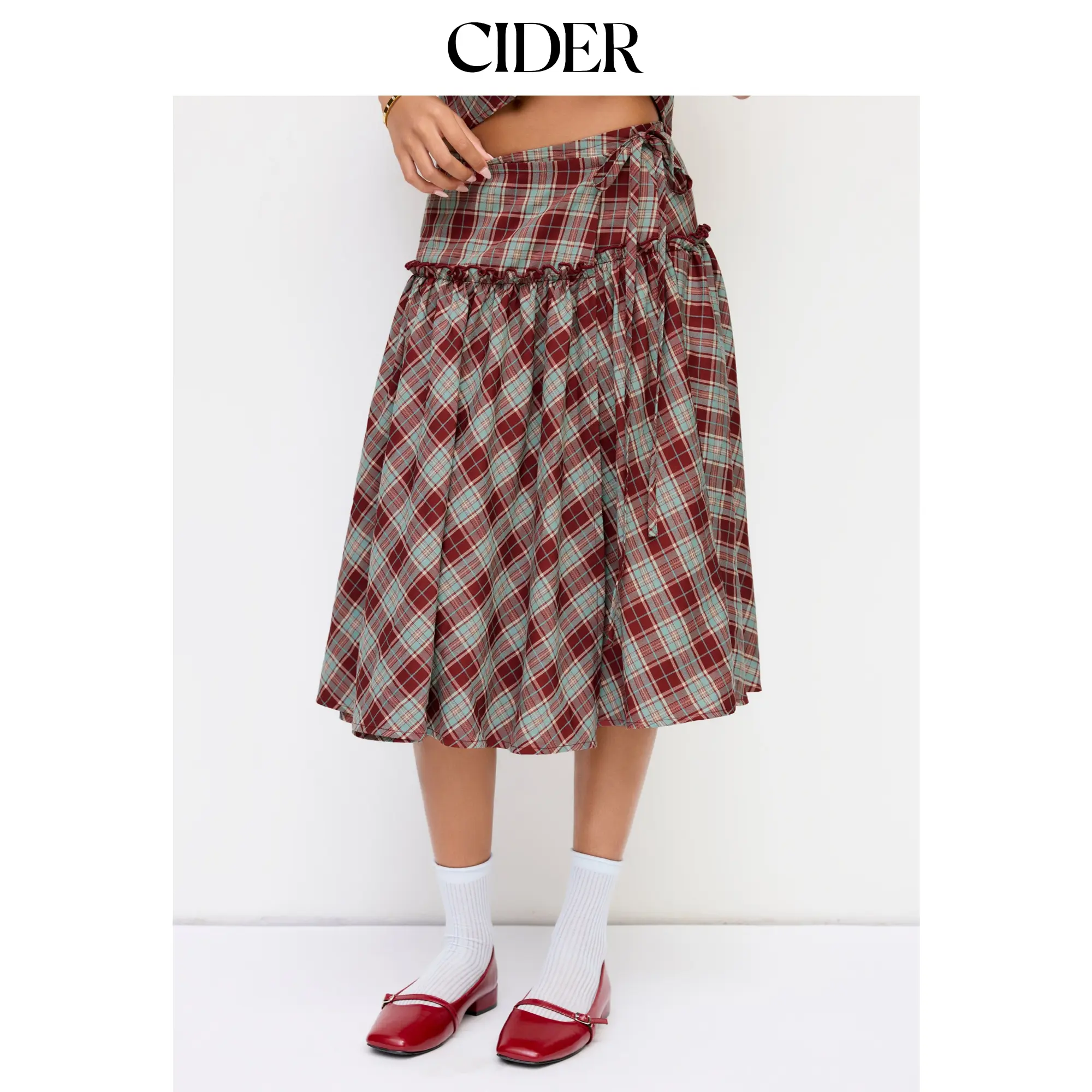 Cider Mid Rise Tartan Lettuce Trim Knotted Midi Skirt
