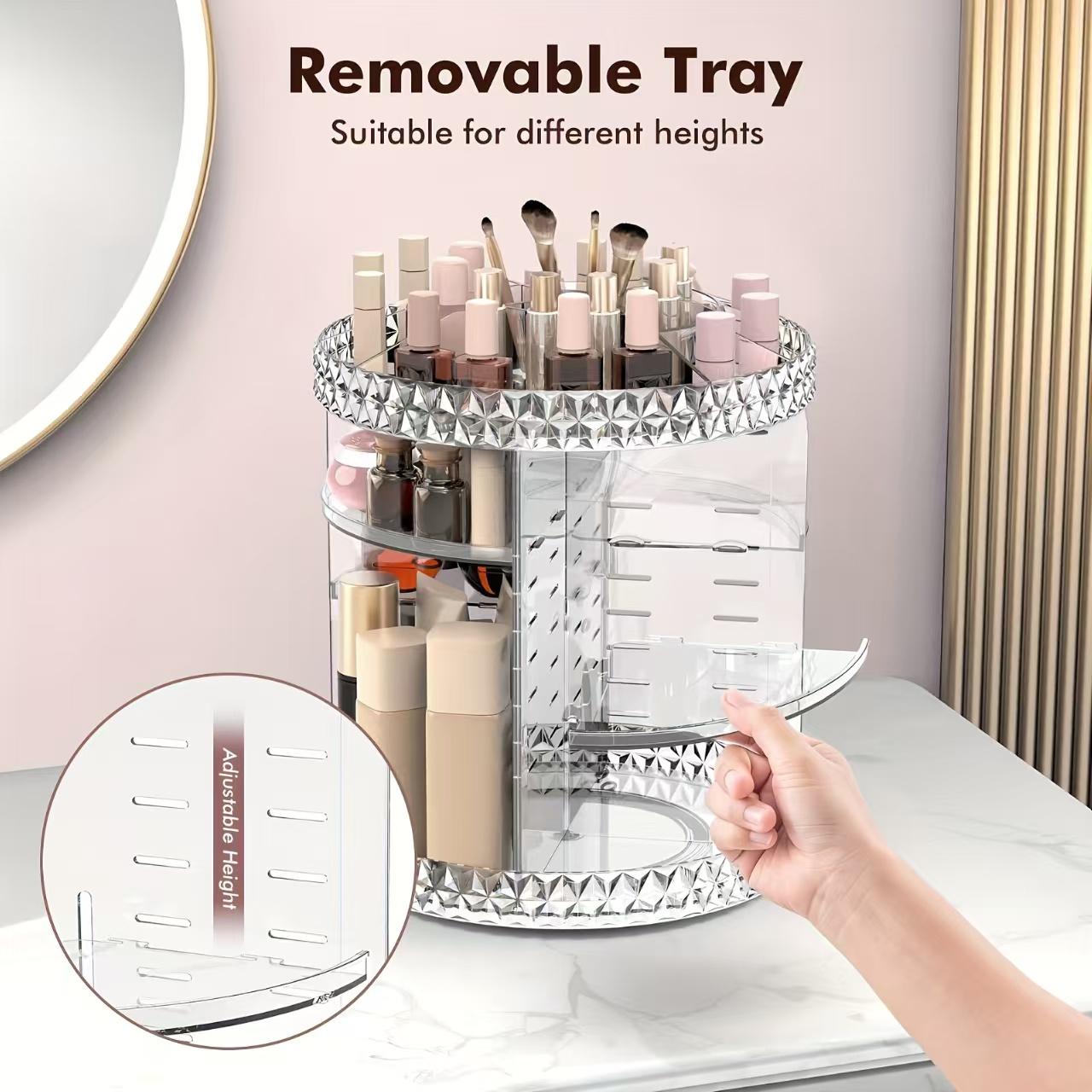 Cosmetic Storage Rack, 360 Degree Rotating Cosmetic Storage Organizer, Adjustable Cosmetic Display Box, Suitable for Rotating Tray Storage, Can Place Jewelry, Makeup Brushes and Lipstick, Transparent Acrylic Material Lightweight