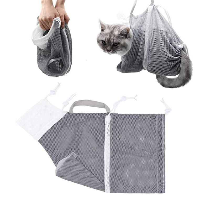 Adjustable Cat Bathing Mesh Bag, Anti-Bite Anti-Scratch Restraint Bag for Grooming, Nail Trimming & Injection, Portable Drawstring Shower Bag for Cats