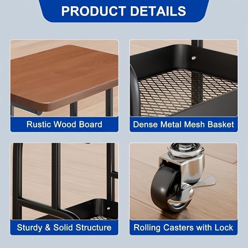 Three-Tier Rolling Cart with Desktop, Storage Shelf, Metal Frame, Portable Wheels, Durable Carbon Steel, Home or Office Use