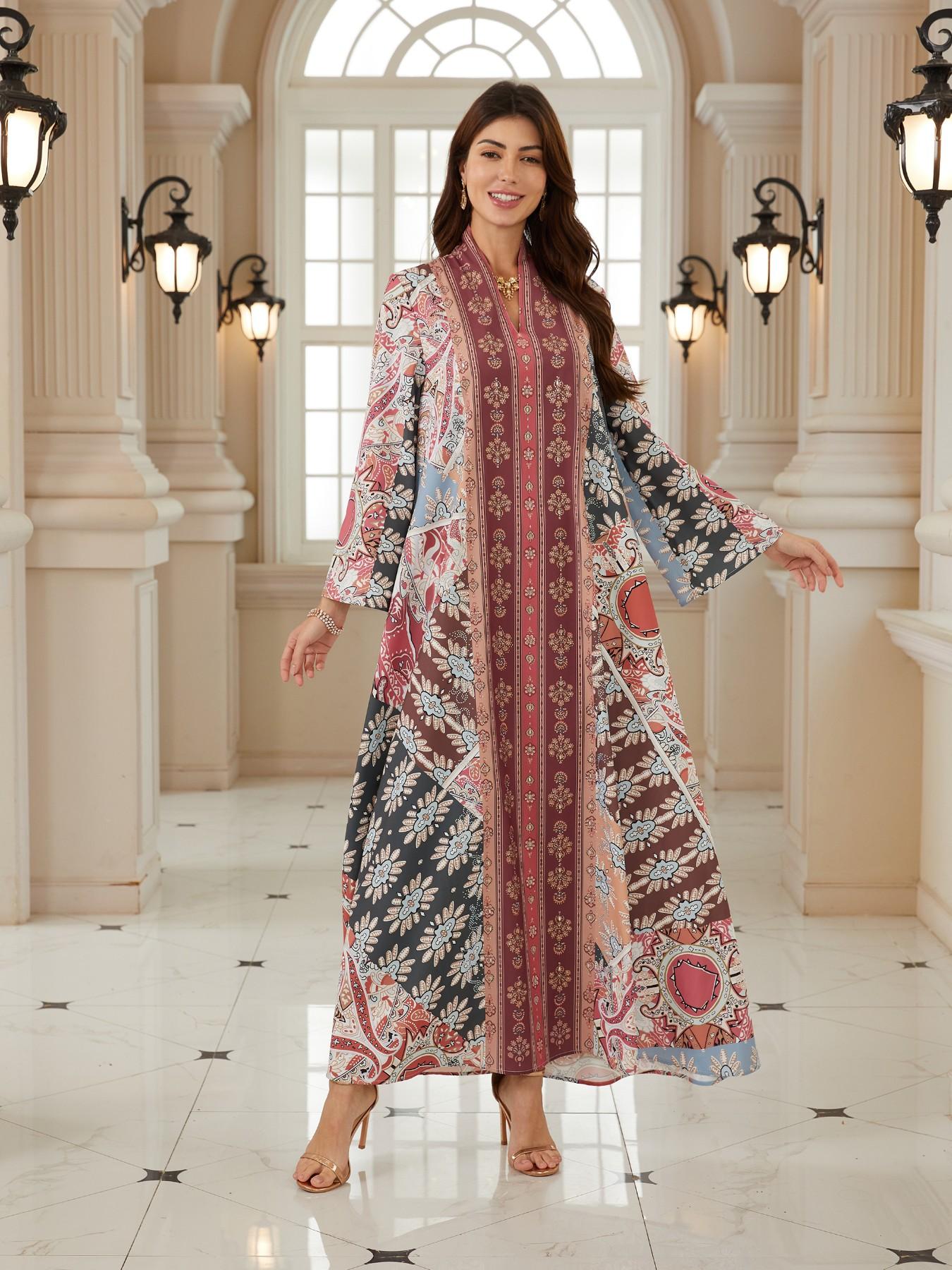Women's Vintage Floral Totem Print Embellished Robe, Dubai Style Kaftan Evening Gown, Eid Al Fitr Abaya