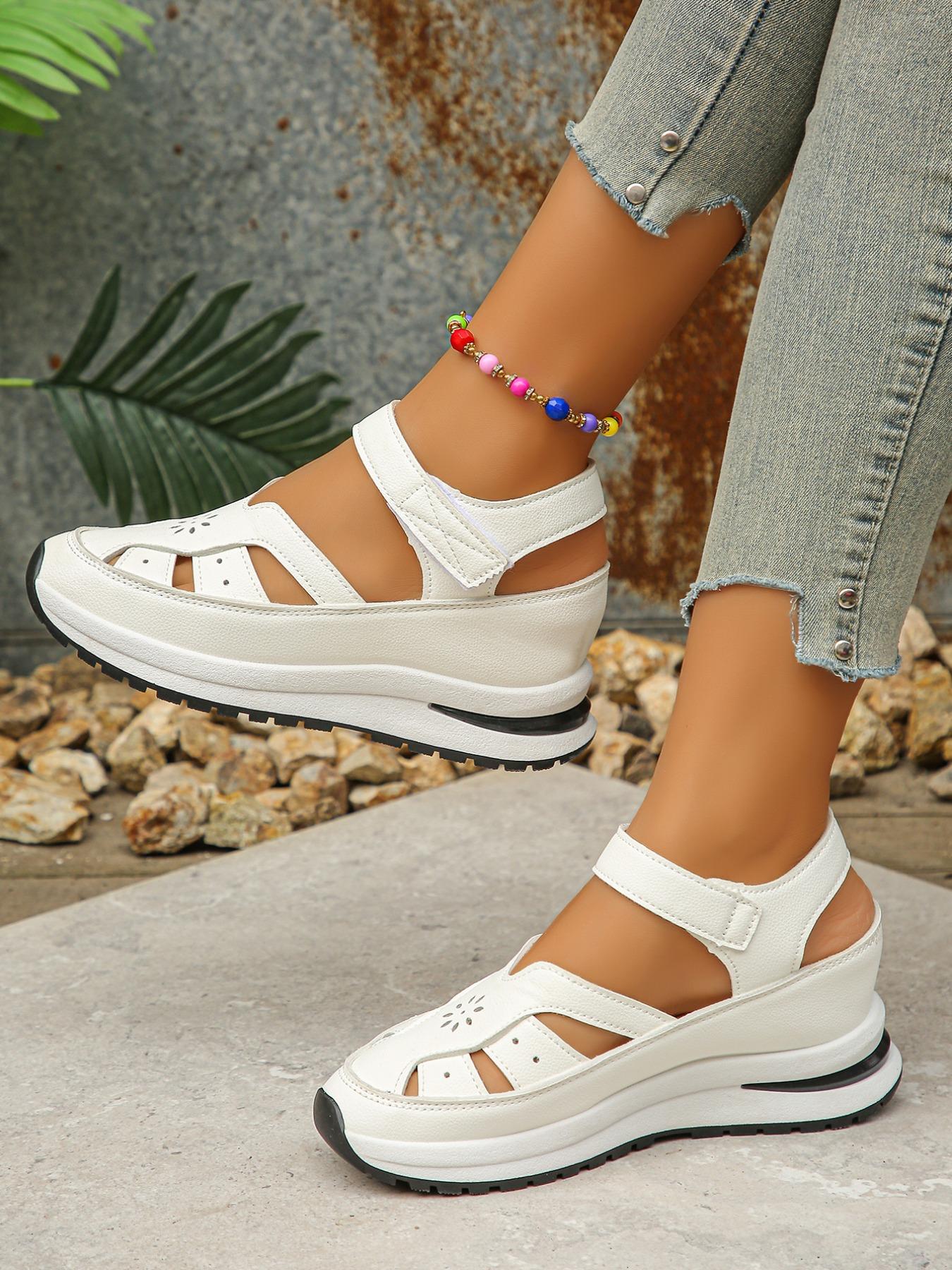 Women's Hollow Out Wedge Heel Thick Sole Invisible Height Boost Velcro Sports Casual Shoes, Comfortable PU Leather Rubber Sole