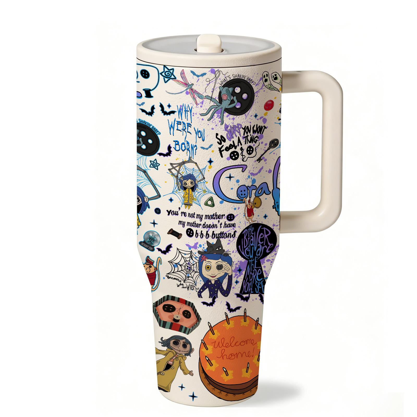 1pc 40oz Stainless Steel Tumbler with Lid & Straw, Coraline Dark Fantasy Style, Vacuum Insulated Thermal Cup, Insulated Travel Drinkware, Keep Hot 12H / Cold 24H, Creepy Cute Travel Mug, Gift for Horror Aesthetic & Animation Enthusiasts