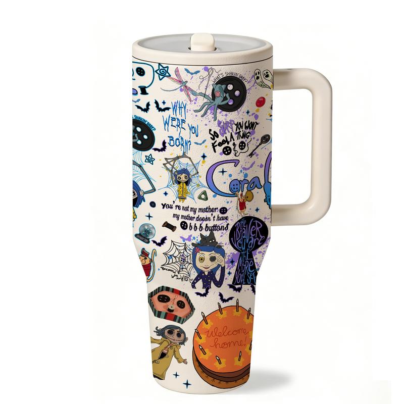 1pc 40oz Stainless Steel Tumbler with Lid and Straw, Coraline Dark Fantasy Cartoon Style, Vacuum Insulated Thermal Cup, Keep Hot 12H / Cold 24H, Creepy Cute Travel Mug for Movie Fans, Unique Gift for Horror Aesthetic Lovers and Animation Enthusiasts