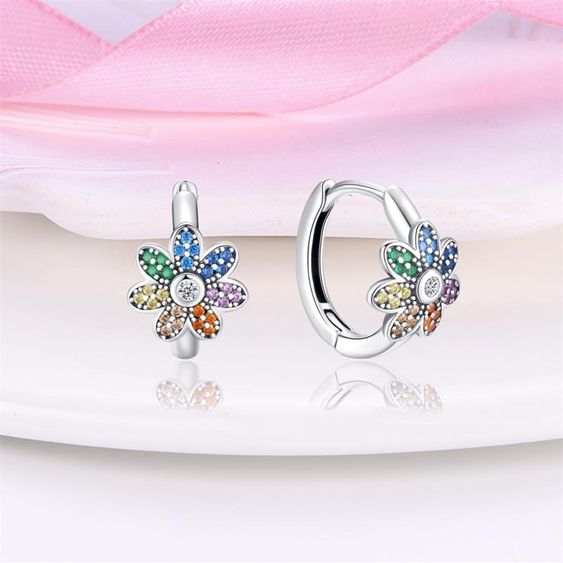 925 sterling silver cute flower earrings, rainbow flowers, beautiful and fashionable, set with seven color zircon stones, christmas gift everyday jewelry