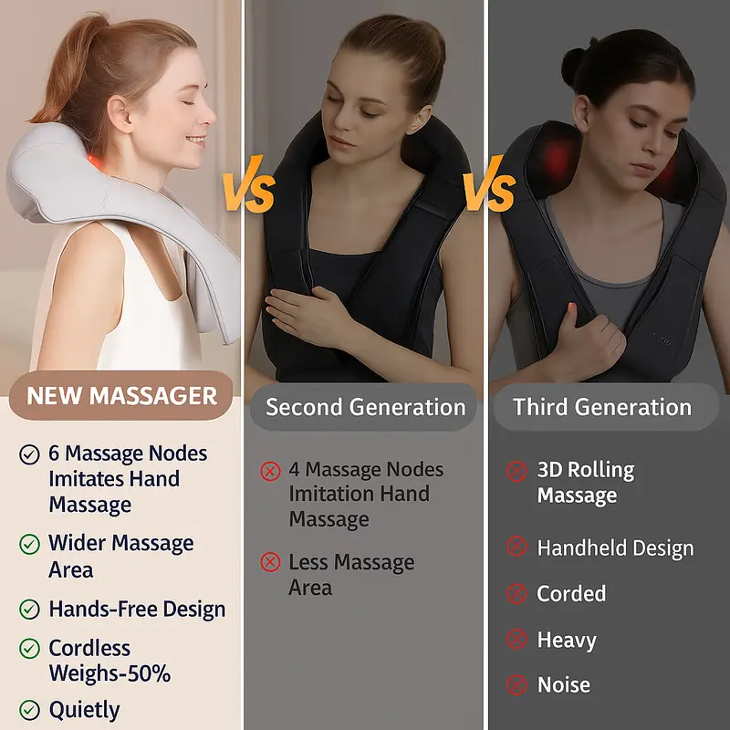 Product Introduction of MASGRE Cordless Neck and Shoulder Massager with Heat – 6D Deep Kneading Electric Massage Pillow for Neck, Back, Legs, and Full Body Relaxation – Perfect for Home, Office and Car. Gifts for Black Friday and Christmas 2