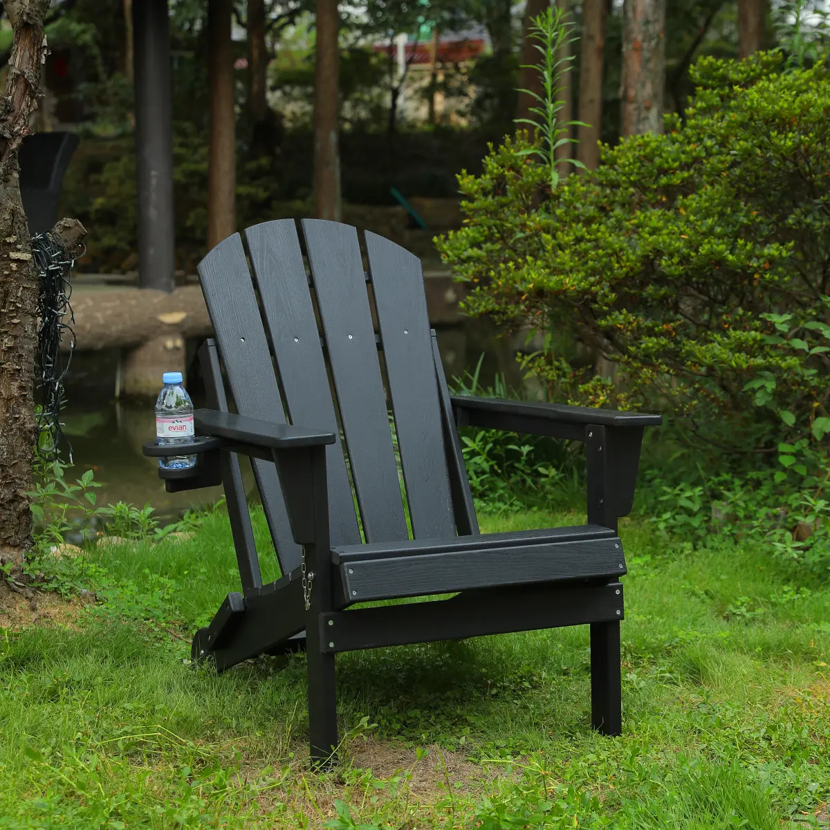 HDPE Folding Adirondack Chair with Dual Cup Holder - Composite Adirondack Chair with Wood Texture- Black