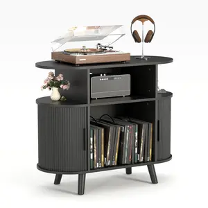 Mid Century Modern Record Player Stand With Charging Station Fluted Turntable Table Wood Vinyl Storage Cabinet Holds 300 Albums 35 55 Inch Media Console TV Stand Storage Display Shelf For Living Room Bedroom Office