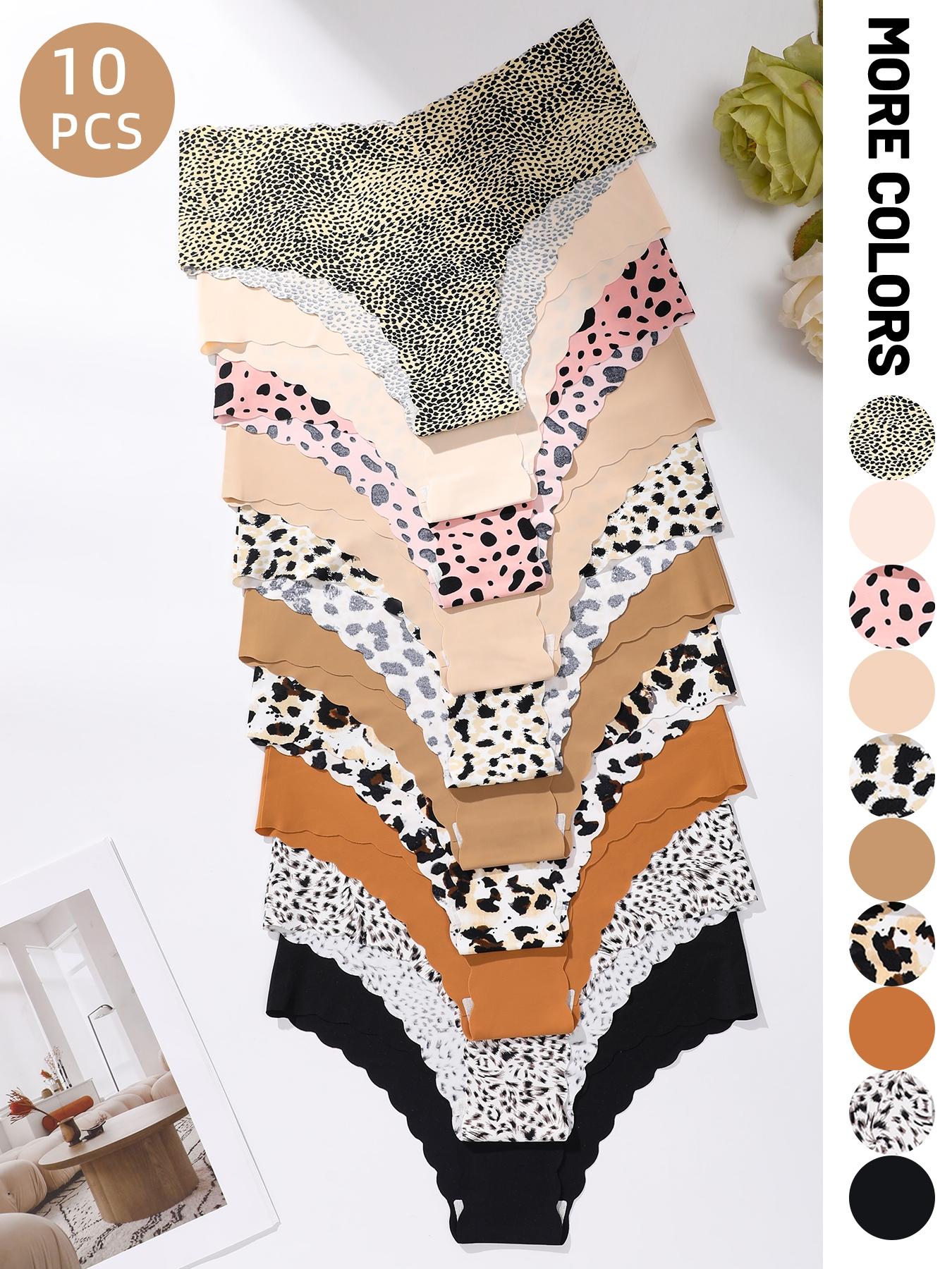 Women's Leopard Print & Solid Color Panties, Comfortable Seamless Fitted Briefs, V-Shaped Pull-Up Waistband, Floral Pattern