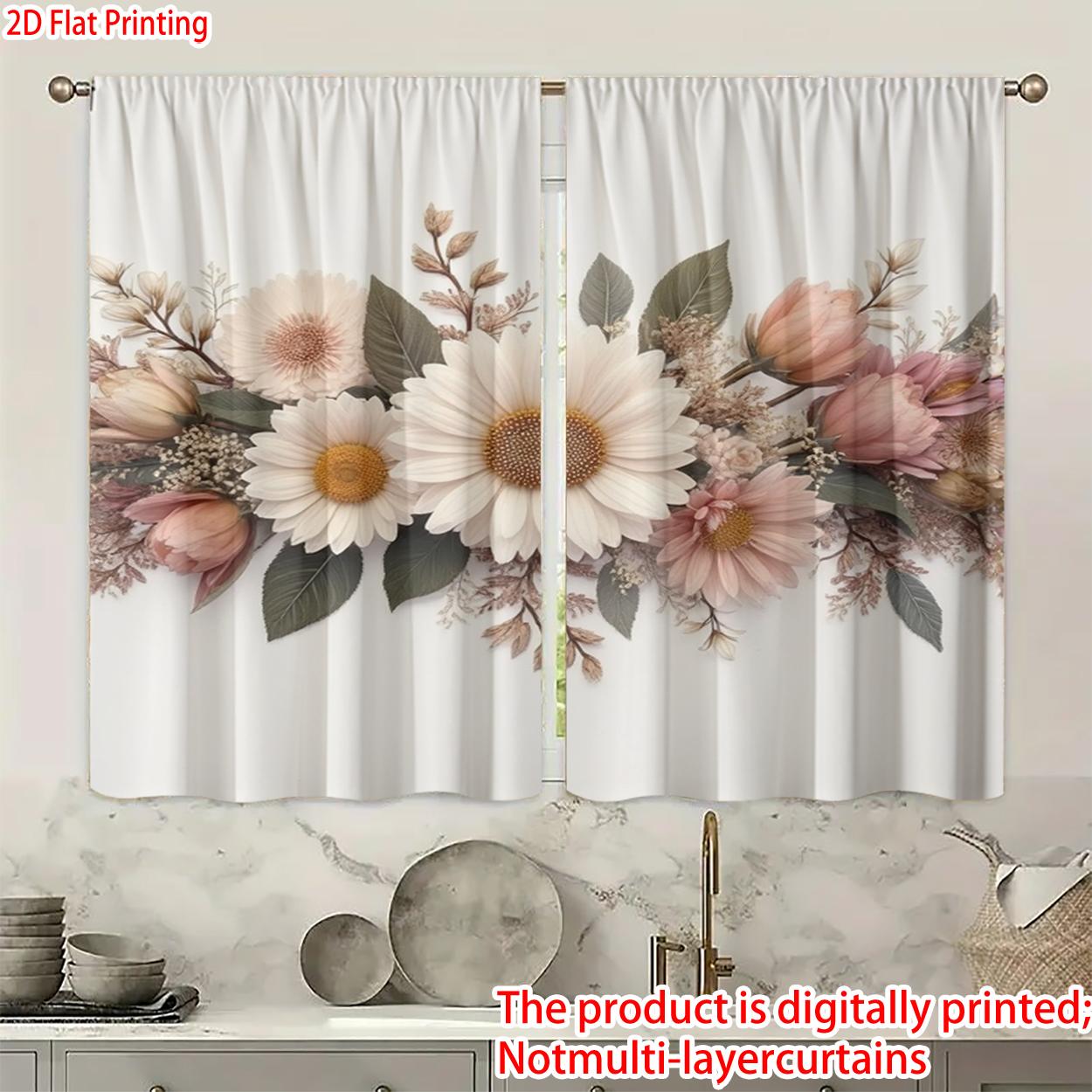2 pieces, 2D flat printing, polyester materialFlower DecorationPatterned print, light-filtering curtains, Window Curtain, suitable for decorating bedrooms, living rooms, and other settings; features a rod pocket design for easy rod installation.