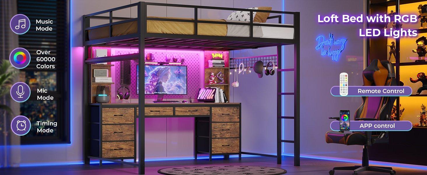 Sikaic Full Metal Loft LED Bed Frame with 8 Storage Drawers & Charging Station and 4 Open Storage Shelves Brown