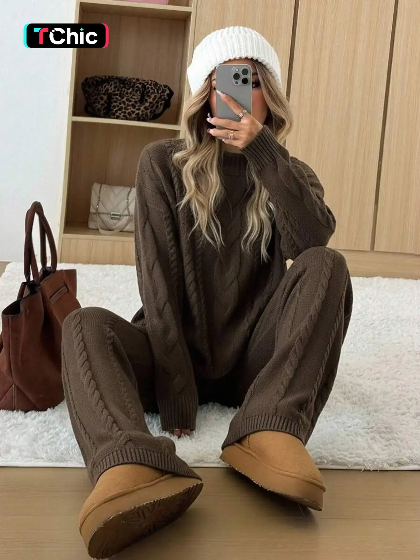 Women's 2 Pcs Sweater Set Turtle Neck Long Sleeve Cable Knit Solid Color Sweater Top and Wide Leg Pants Set, Autumn Winter Casual Loose Fit Daily Home Stylish Comfortable Cozy Loungewear Set, Fall Pants Set for Women, 2 Piece Sweater Set for Women