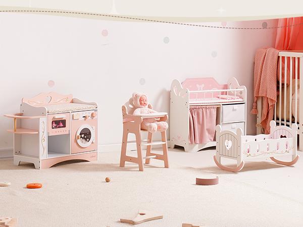 ROBUD Baby Doll Crib, Pink Baby Doll Beds, Wooden Doll Changing Station with Seat, Bottle Sterilizer, Washing Machine and Storage, Doll Accessories of Toy Crib to Kids