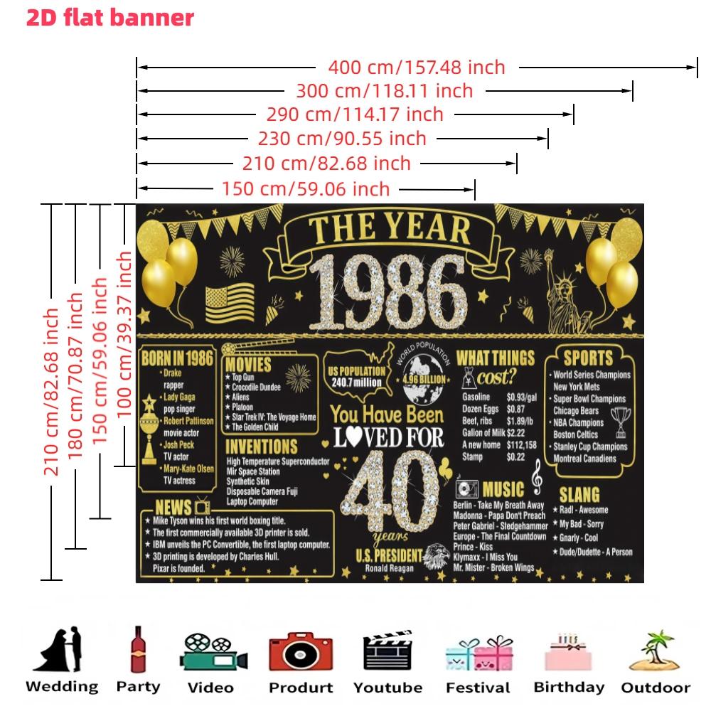 Retro Black Gold 40th Birthday Party Background Cloth, Black Gold 40th Birthday Banner, Retro 1986 Background Poster Photography Background, Polyester Material, Suitable for Photo Booth, Party, Birthday, Celebration, and Indoor/Outdoor Family Birthday
