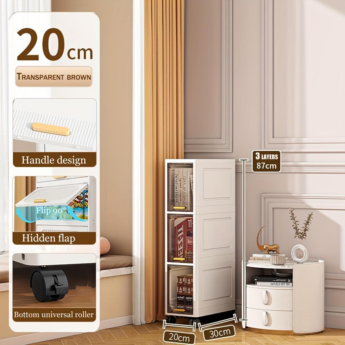 This is a multi-functional storage cabinet, available in 3, 4, or 5 tiers. It is designed to be dust-proof and foldable. Equipped with pull-out shelves and covered storage boxes, it is ideal for organizing snacks, clothes, and books.