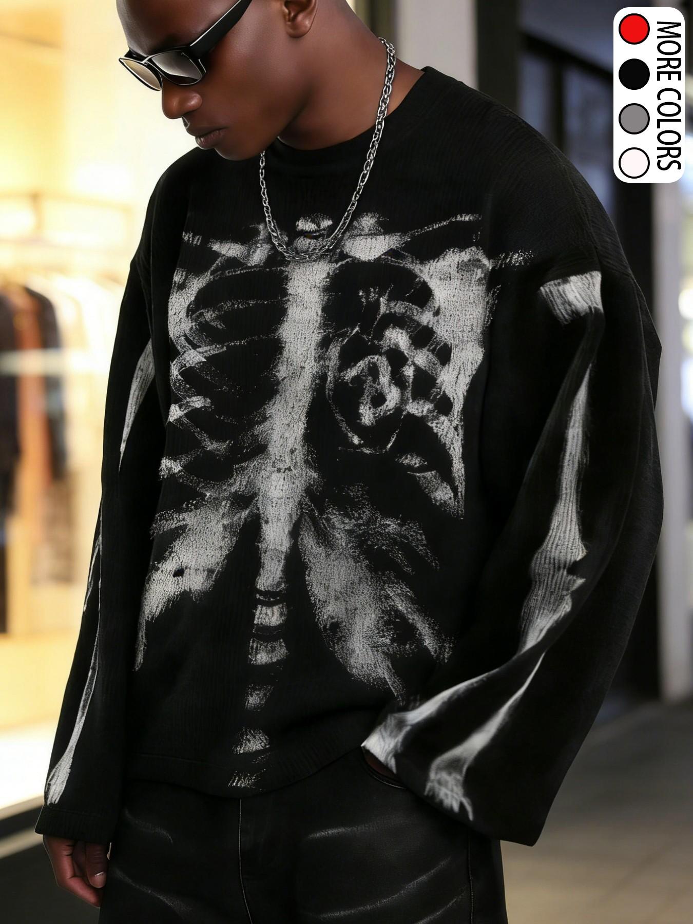 Men's Loose Waffle Graphic Print Long Sleeve T-Shirt, Soft Texture