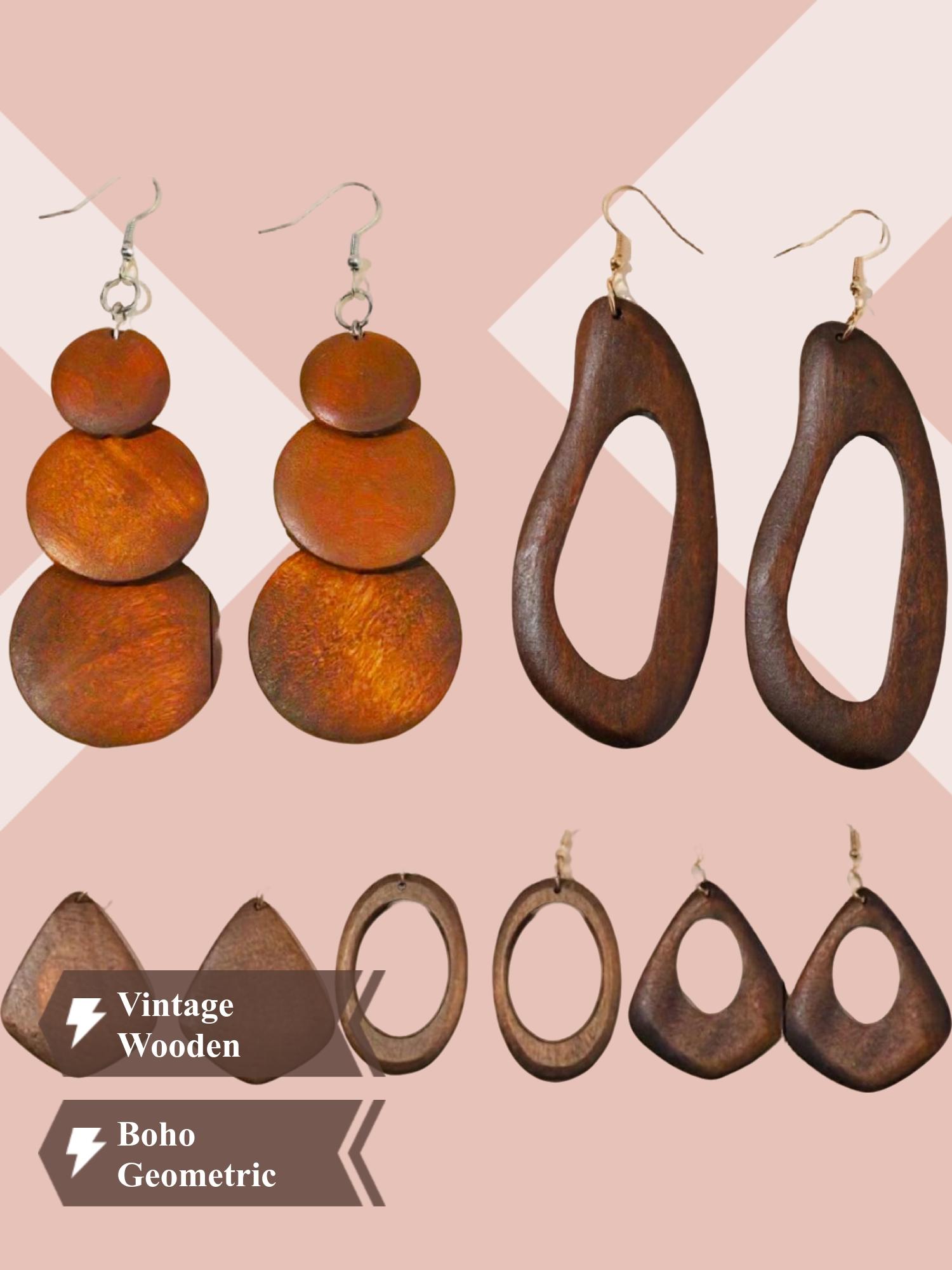 Wooden Dangle Earrings, Crafted From Wood Boho Style Hollow Out Geometric Design Earrings, Fashion Jewelry Accessories for Women & Girls, Unique Design Earrings