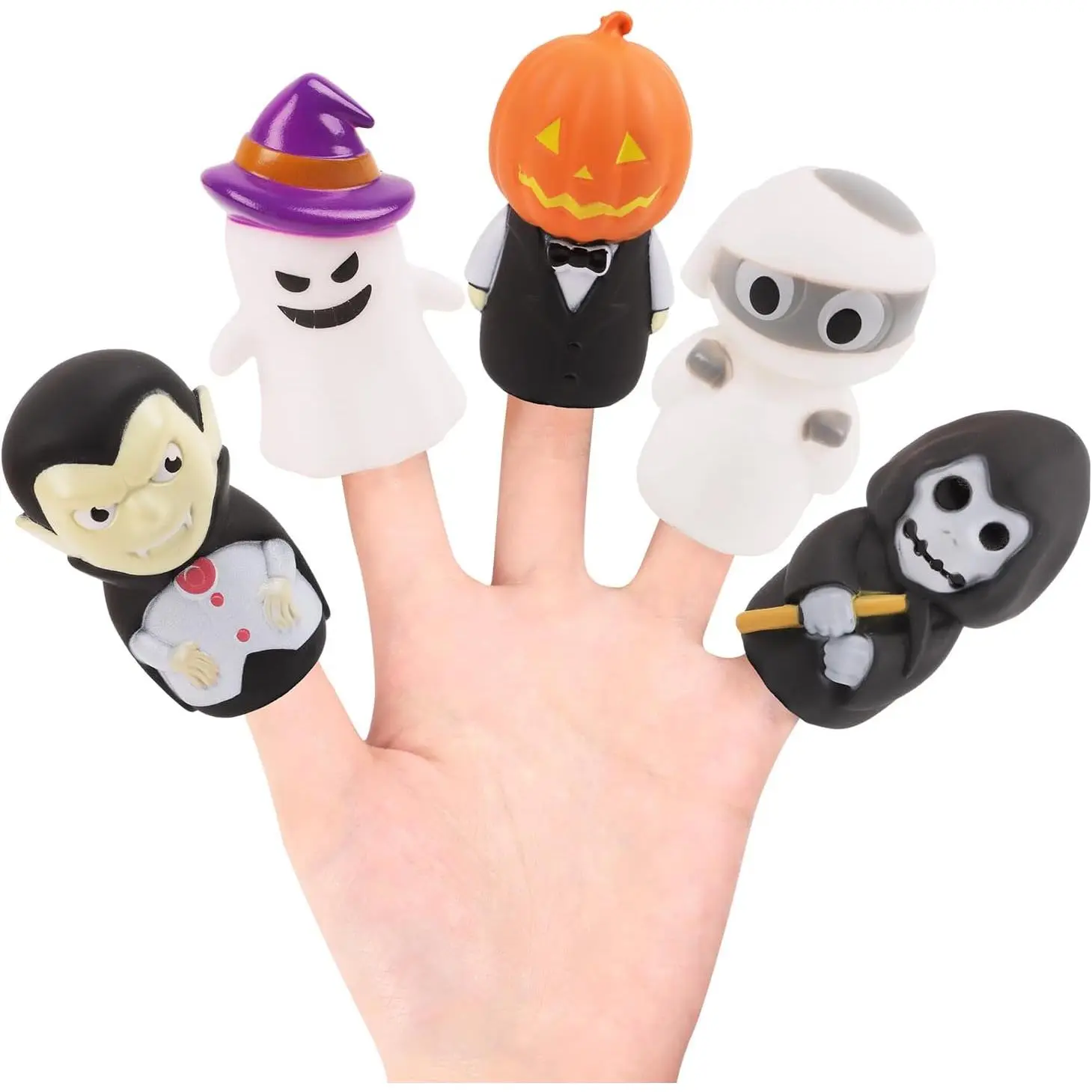 5pcs Halloween Finger Puppets Set for Kids, Tiny Hands Puppets Rubber Ghost Bath Toys for Toddlers Halloween Trick or Treat Gifts Party Favors Goodies Bag Fillers